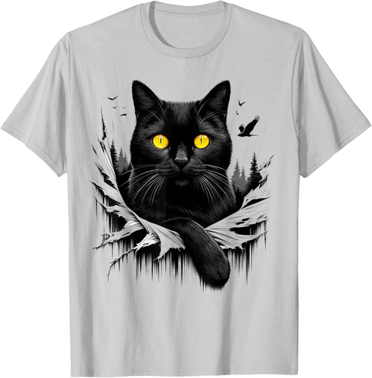 Black Cat Torn Cloth - Black Cat Yellow Eyes T-Shirt - T-Shirt | Ash