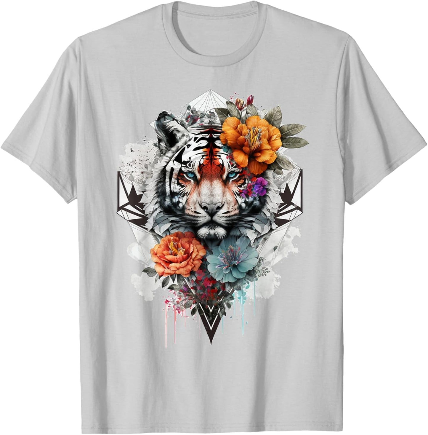 Tiger Flowers Blue Eyes Animal Print Art Tiger T-Shirt - T-Shirt | Ash
