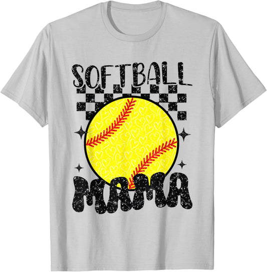 Softball Mama Checkered Print Basketball Sports Mother's Day T-Shirt - T-Shirt | Ash
