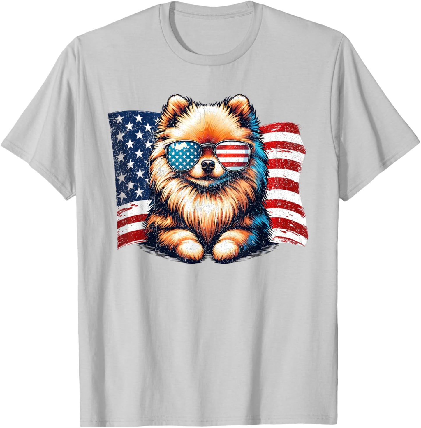 Vintage Pomeranian Dogs American Flag Sunglasses Patriotic T-Shirt - T-Shirt | Ash