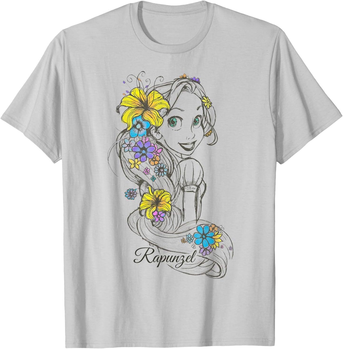 Disney Tangled Rapunzel Floral Sketch Portrait T-Shirt - T-Shirt | Ash