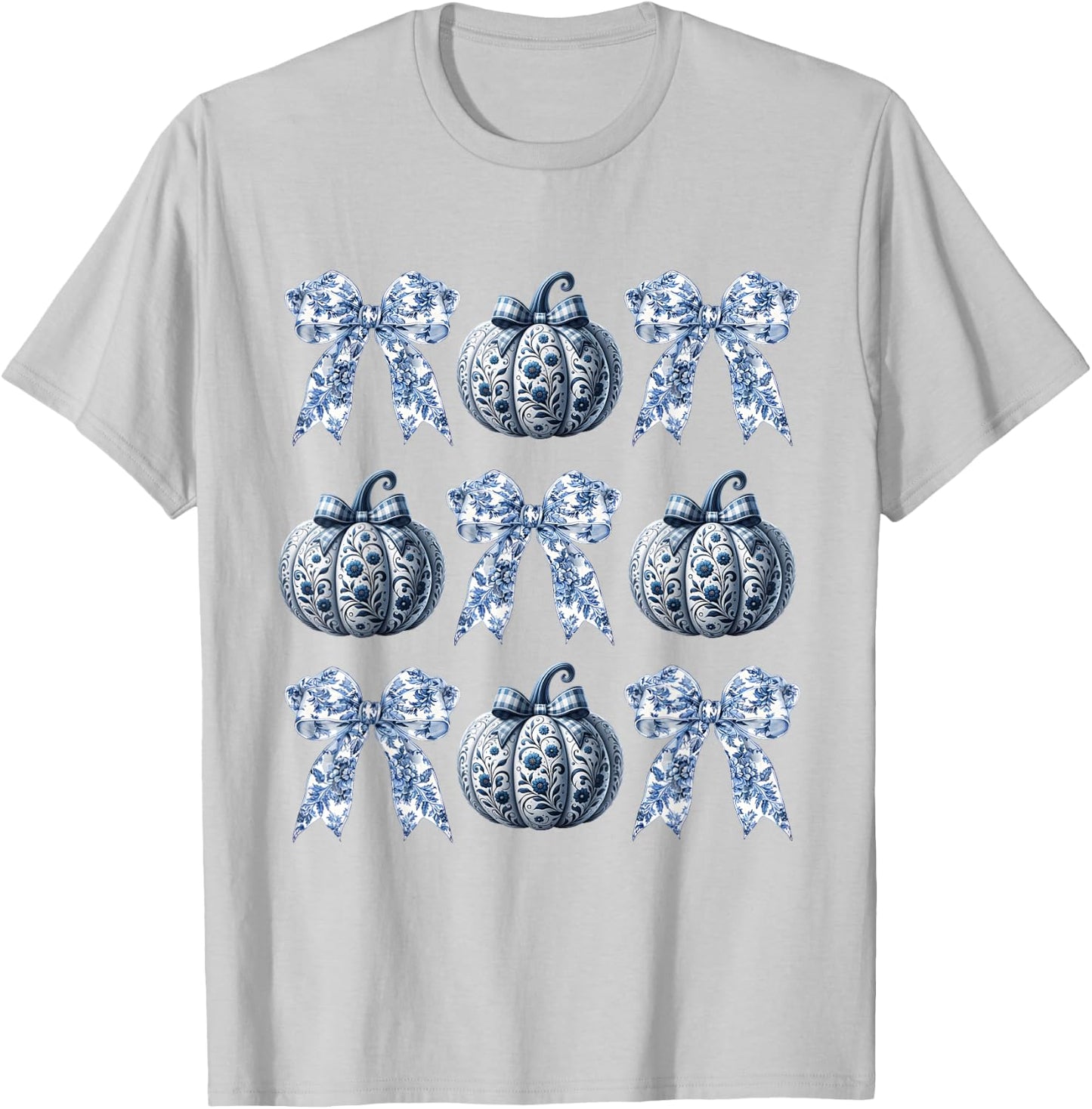 Blue and White Pumpkins Chinoiserie With Bow Fall Halloween T-Shirt - T-Shirt | Ash