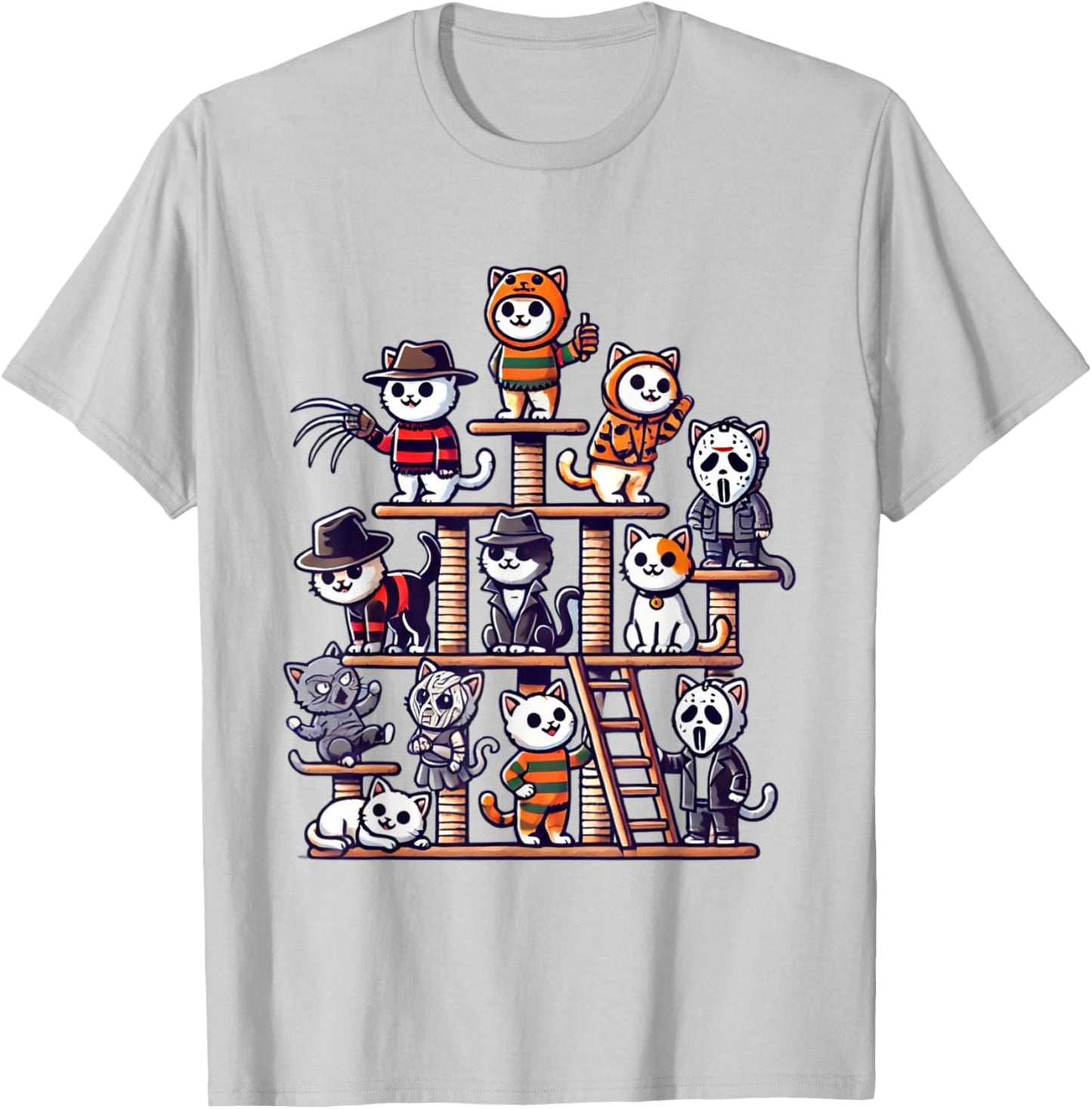 Funny Horror Movie Cats Playing On Cat Tree T-Shirt - T-Shirt | Ash