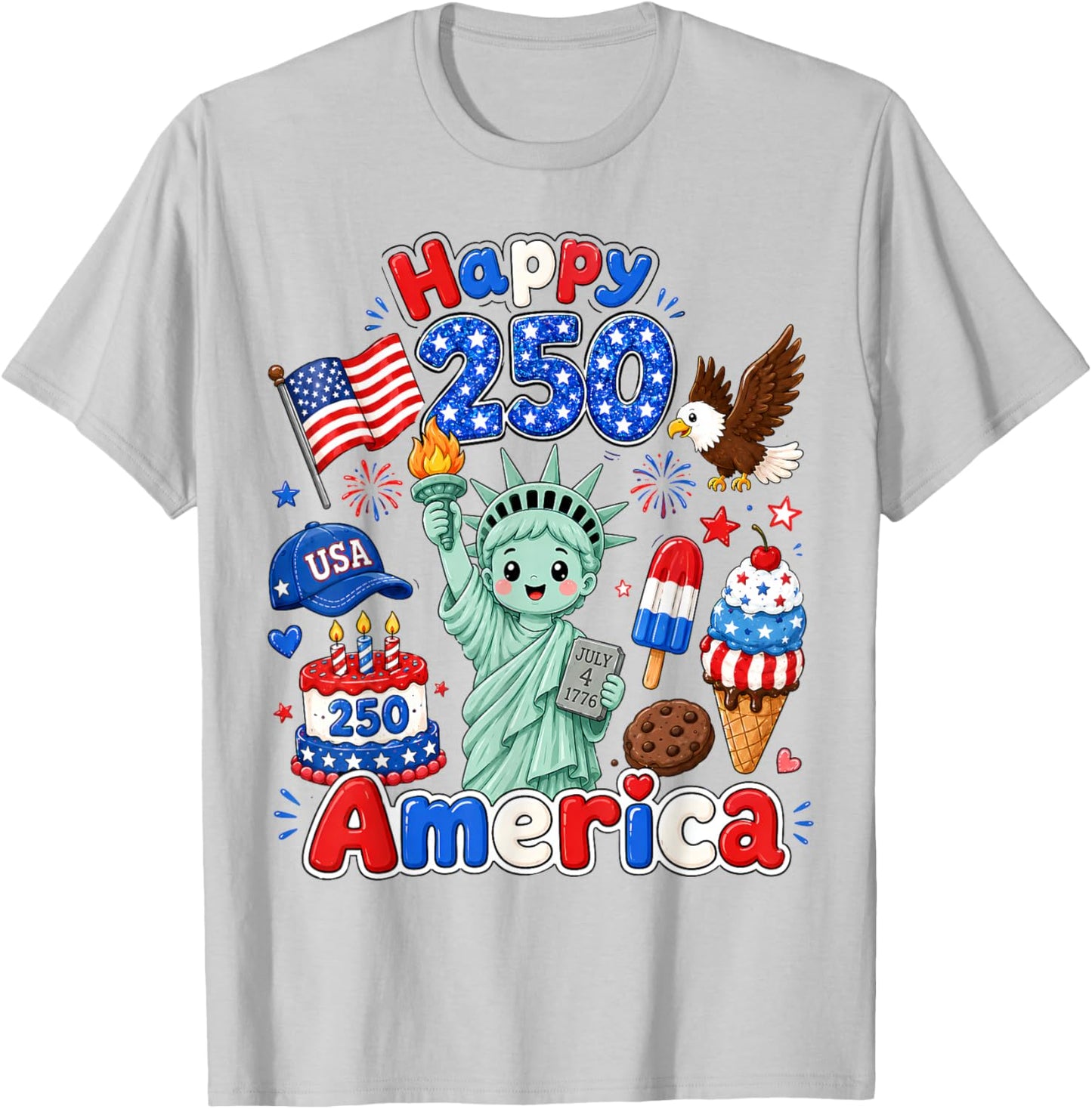 Boy Kids 4th of July Happy 250 America 1776-2026 Patriotic T-Shirt - T-Shirt | Ash