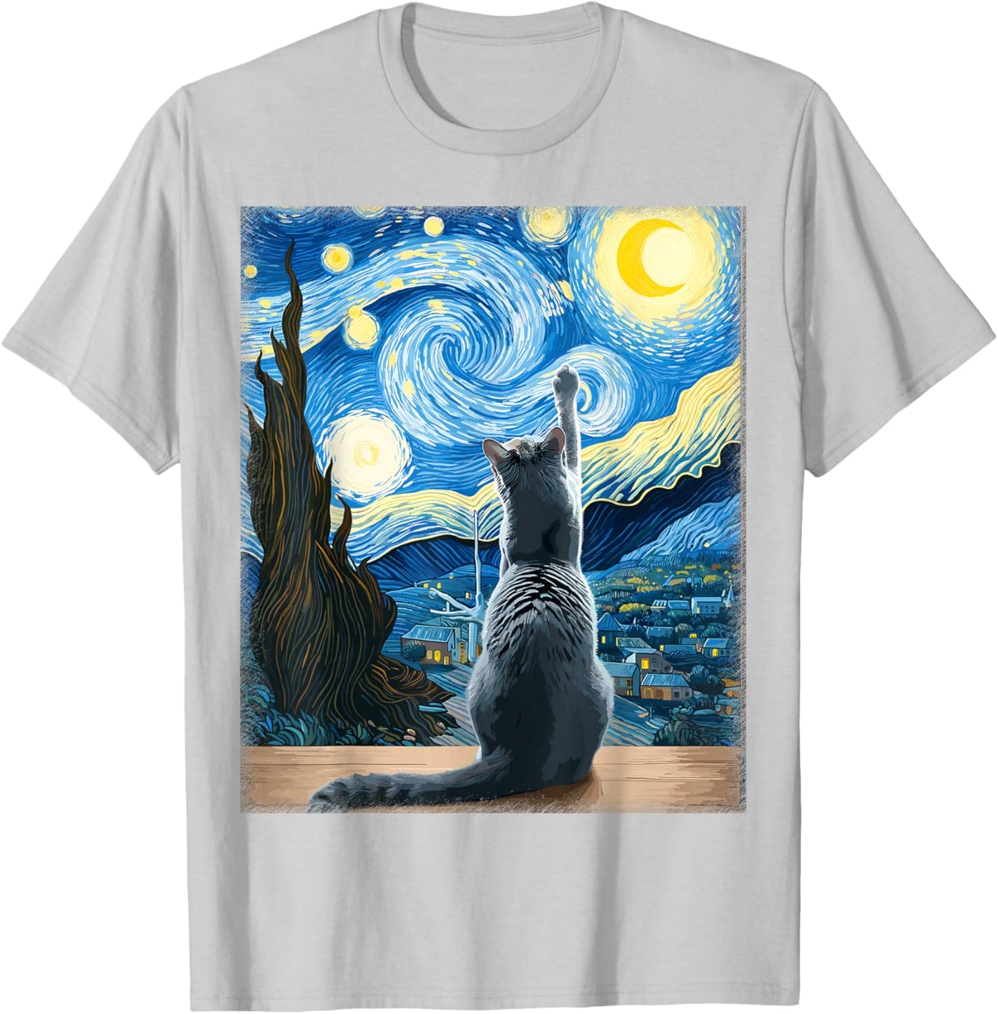 Van Gogh Starry Night Style Artistic Russian Blue Cat T-Shirt - T-Shirt | Ash
