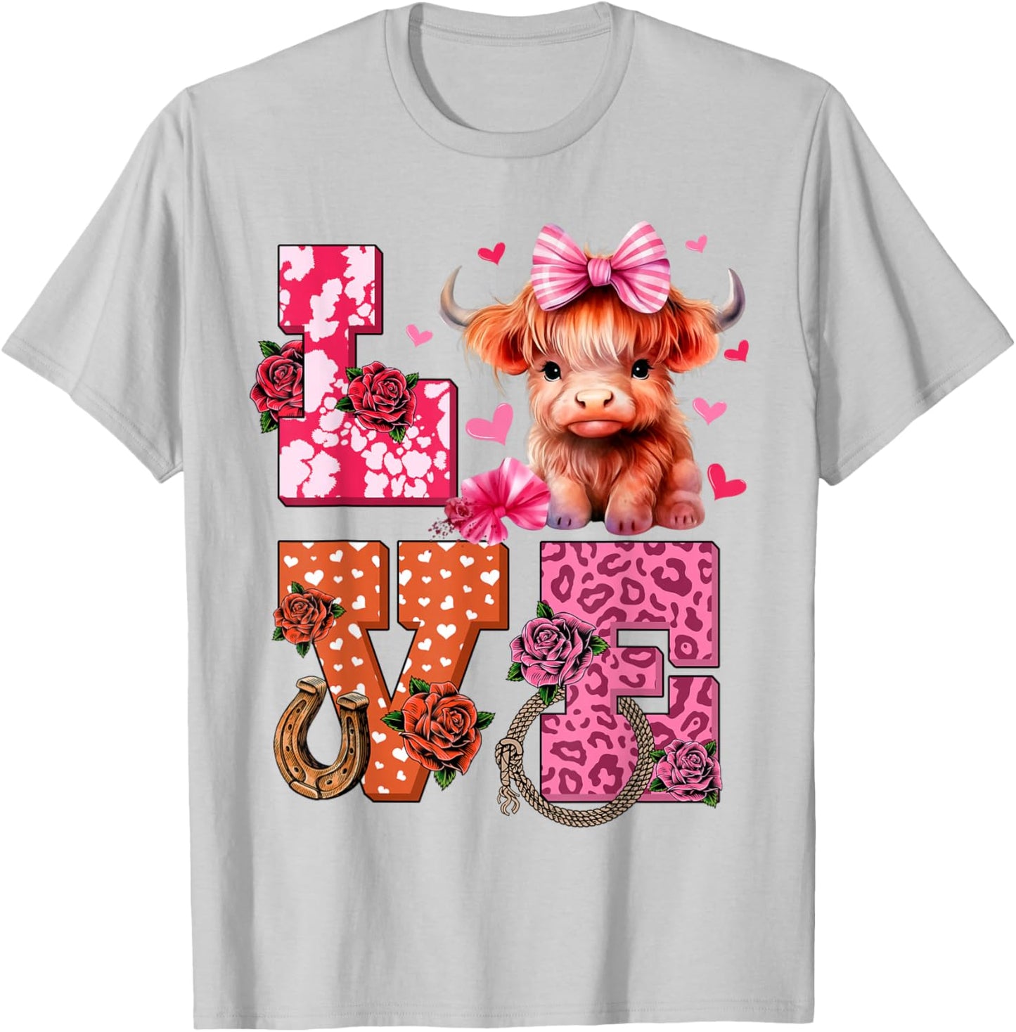 Cute Highland Cow And Pink Heart Valentines Day Love Leopard T-Shirt - T-Shirt | Ash