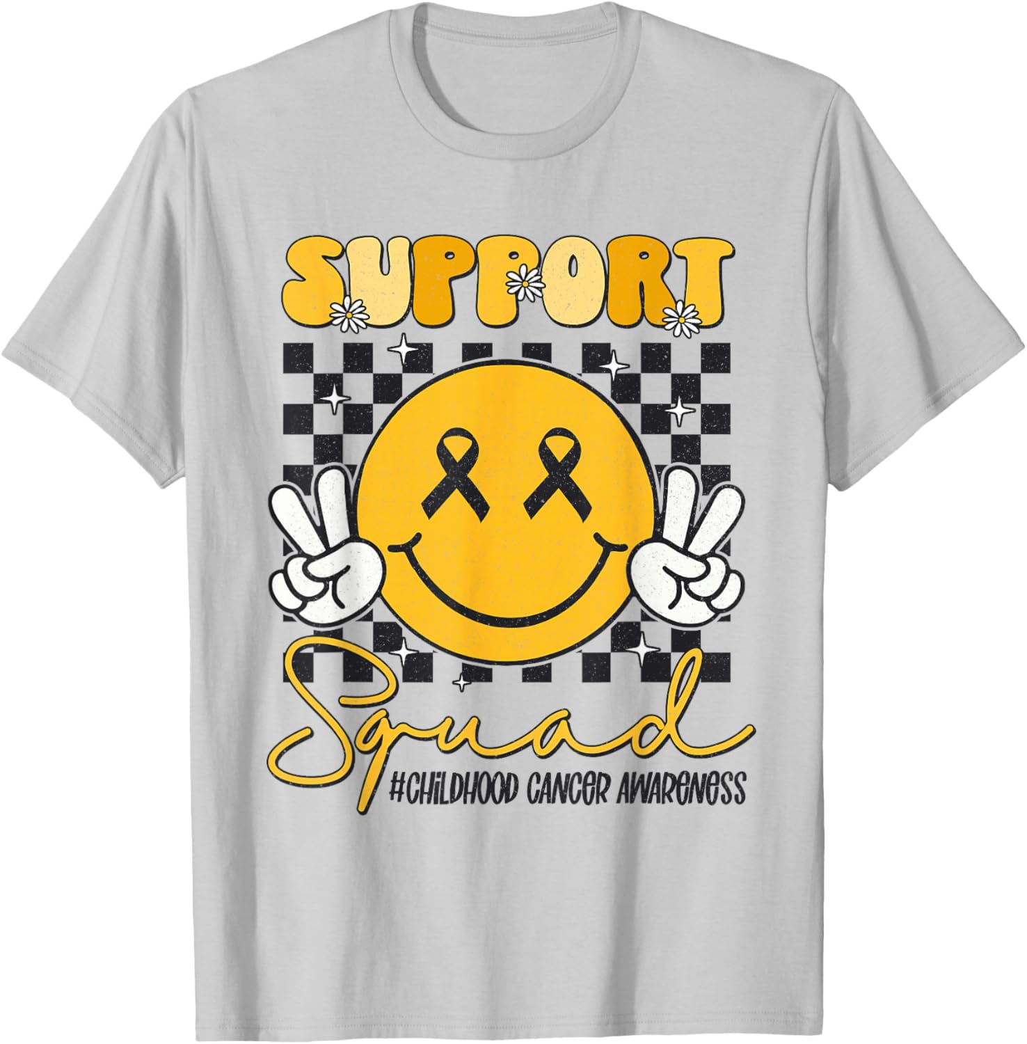 Childhood Cancer Awareness Smile Face Gold Ribbon Support T-Shirt - T-Shirt | Ash