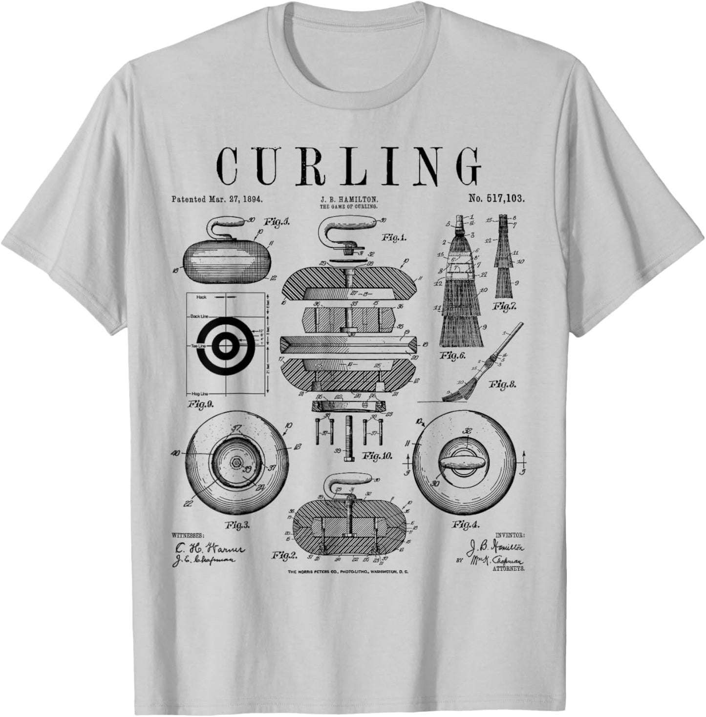 Curling Stone Player Curler Winter Sports Vintage Patent T-Shirt - T-Shirt | Ash