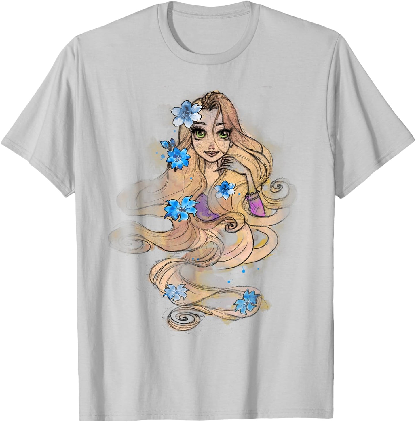 Disney Tangled Rapunzel Watercolors Portrait Graphic Small T-Shirt - T-Shirt | Ash