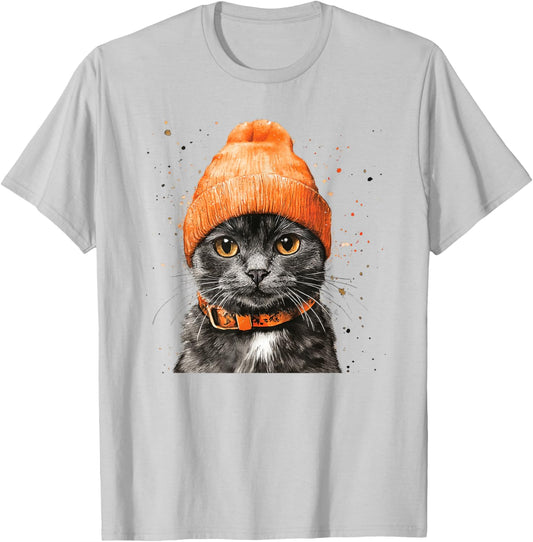A Cat In An Orange Beanie That Looks Really Cute Men Women Kids T-Shirt - T-Shirt | Ash