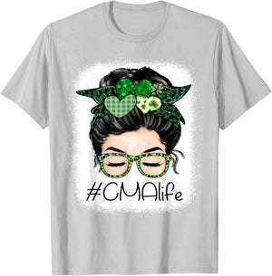 CMA Certified Medical Assistant Messy Bun St Patrick's Day T-Shirt - T-Shirt | Ash