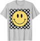 Retro Happy Face Distressed Checkered Pattern Smile Face T-Shirt - T-Shirt | Ash
