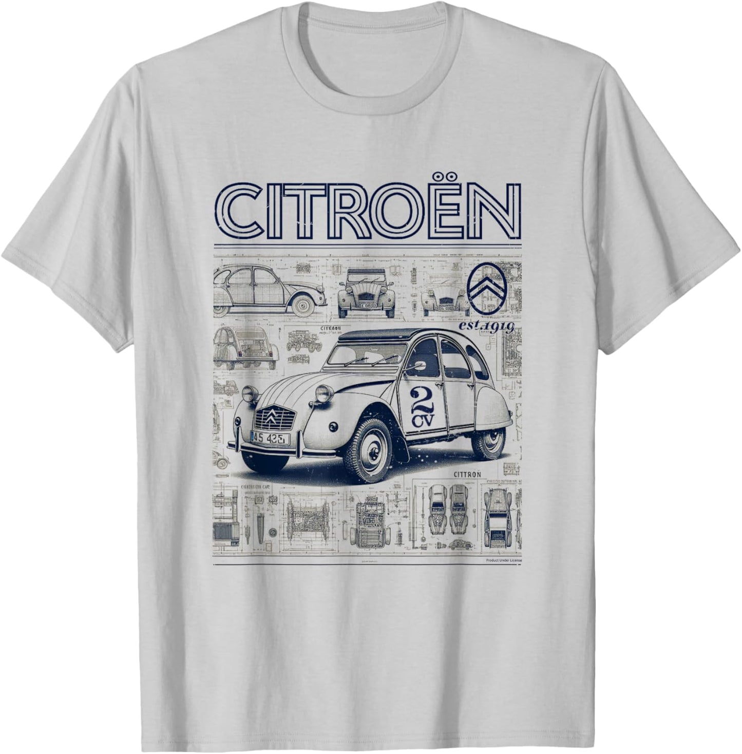 Citroën 2CV Retro Schematics Est 1919 T-Shirt - T-Shirt | Ash