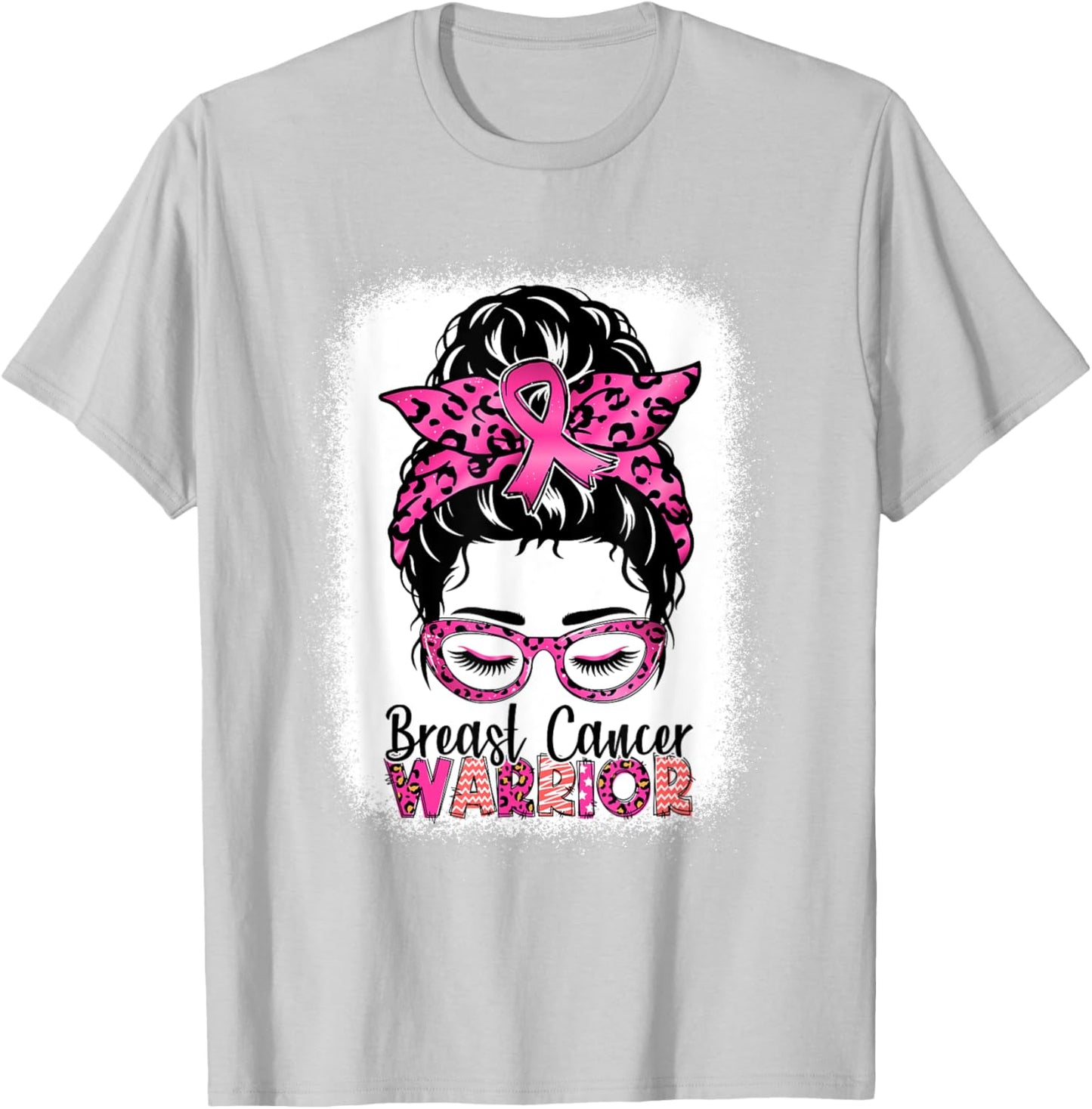 Messy Bun Wear Pink Warrior Breast Cancer Awareness Bleached T-Shirt - T-Shirt | Ash