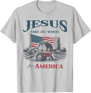 Jesus Take The Wheel American Farmer Patriotic Christian USA T-Shirt - T-Shirt | Ash