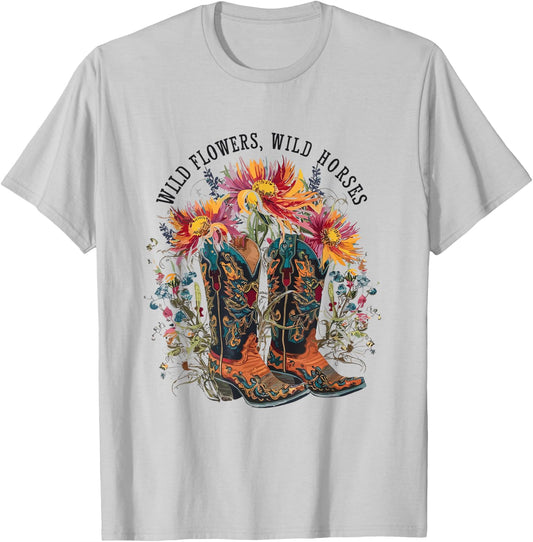 Wild Flowers - Wild Horses Cowgirl Boot Western Flower T-Shirt - T-Shirt | Ash