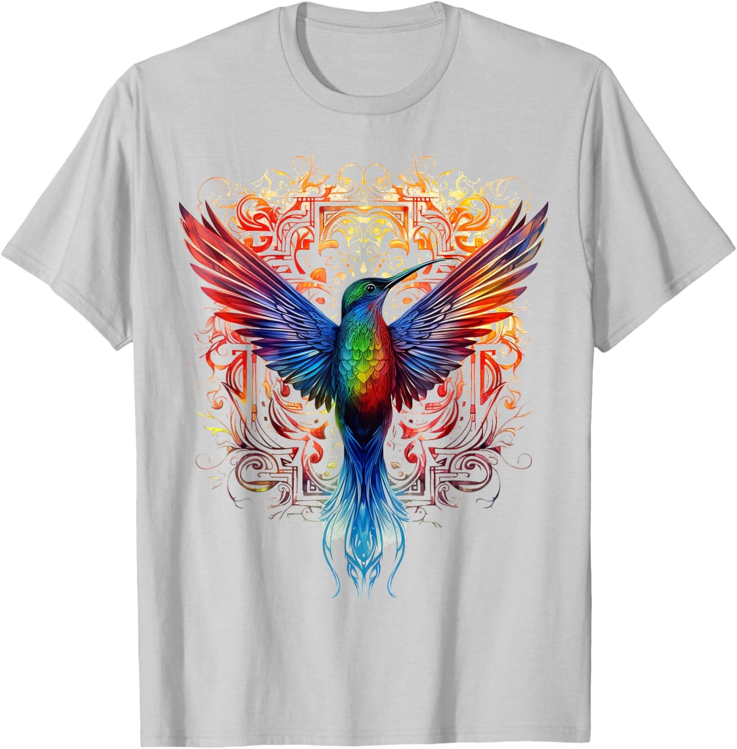 Hummingbird Fantasy Mandala Graphic Animal Art Bird T-Shirt - T-Shirt | Ash