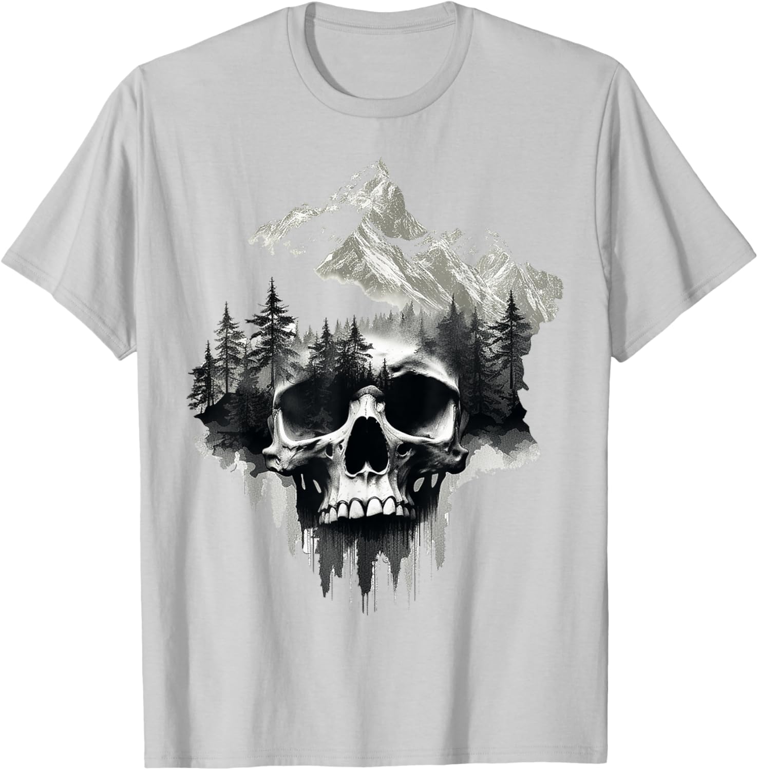 Skull Drawing Nature Artwork Mountains Tree Art Skull T-Shirt - T-Shirt | Ash