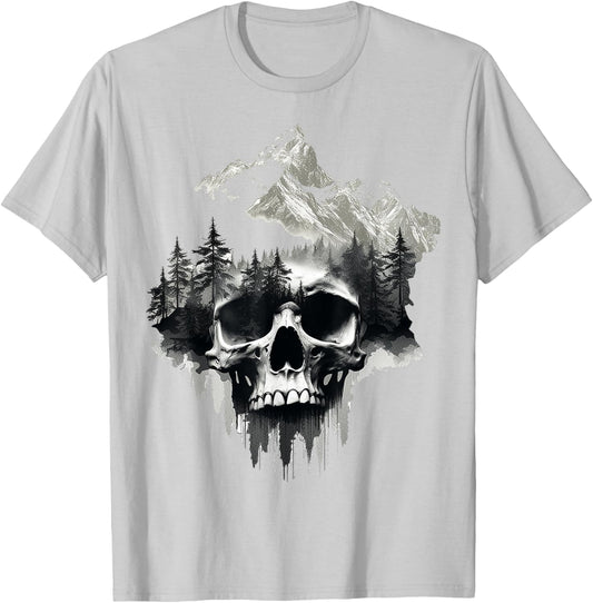 Skull Drawing Nature Artwork Mountains Tree Art Skull T-Shirt - T-Shirt | Ash