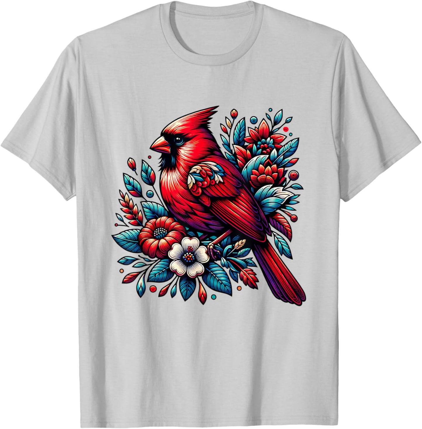 Cute Red Cardinal Bird Vintage Flowers Northern Cardinal T-Shirt - T-Shirt | Ash