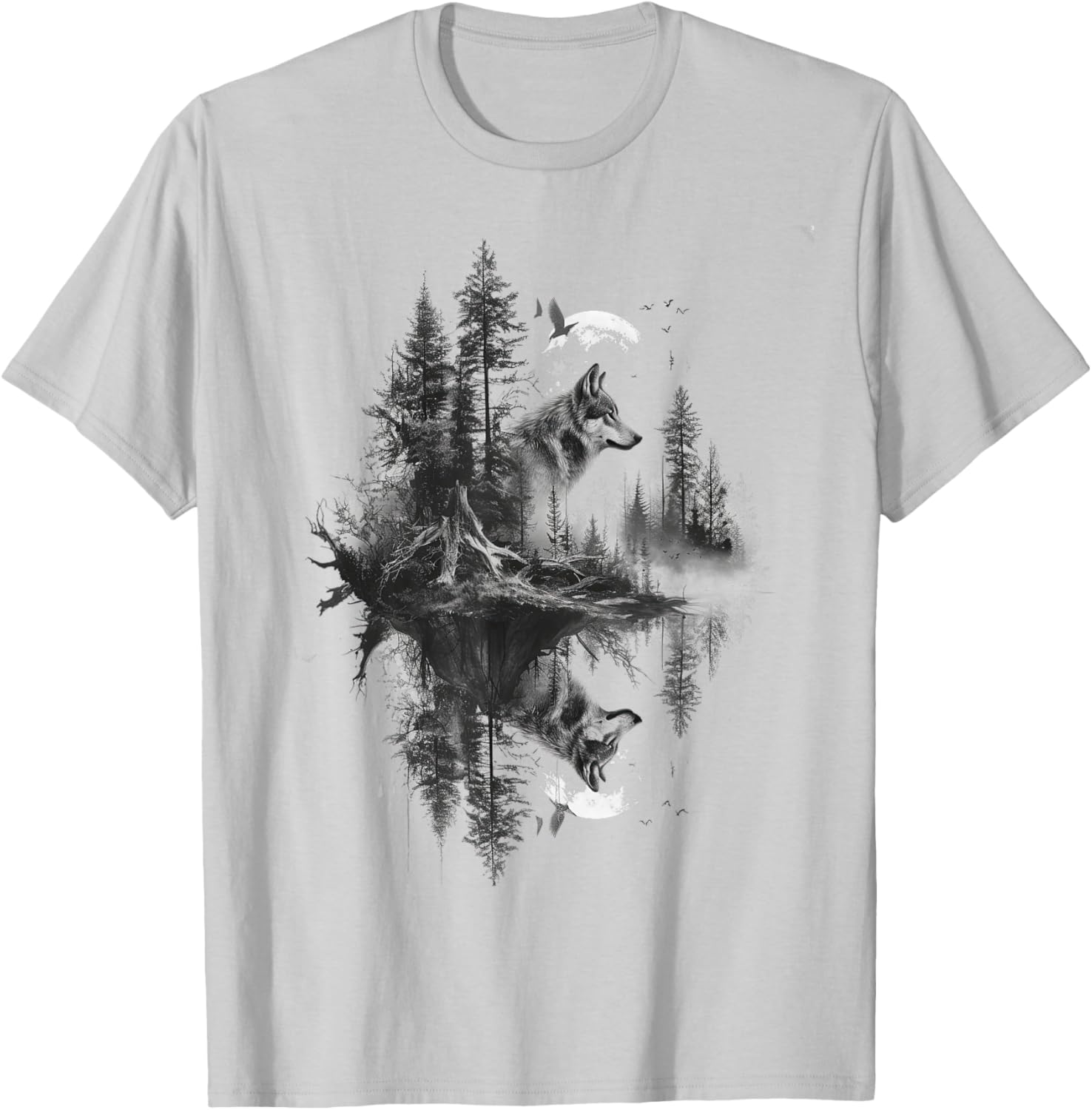 Wolf in front of moon and trees wolves wild animal T-Shirt - T-Shirt | Ash