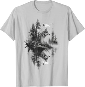 Wolf in front of moon and trees wolves wild animal T-Shirt - T-Shirt | Ash