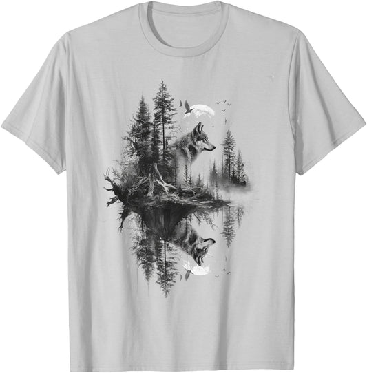 Wolf in front of moon and trees wolves wild animal T-Shirt - T-Shirt | Ash