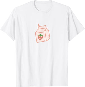 Cute Pink Strawberry Milk Carton Minimal Kawaii Aesthetic T-Shirt - T-Shirt | White