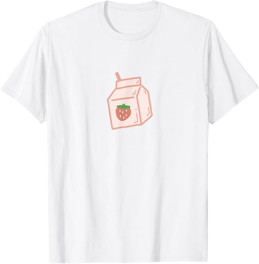 Cute Pink Strawberry Milk Carton Minimal Kawaii Aesthetic T-Shirt - T-Shirt | White