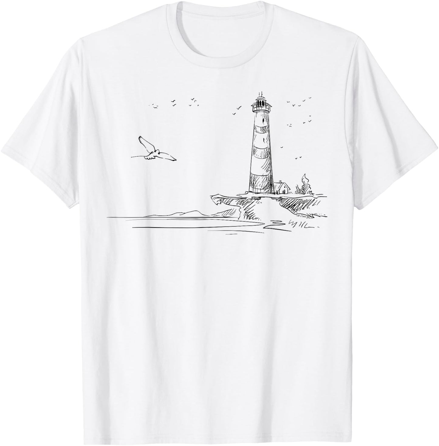 Seaside Lighthouse Nautical Sketch Art T-Shirt - T-Shirt | White