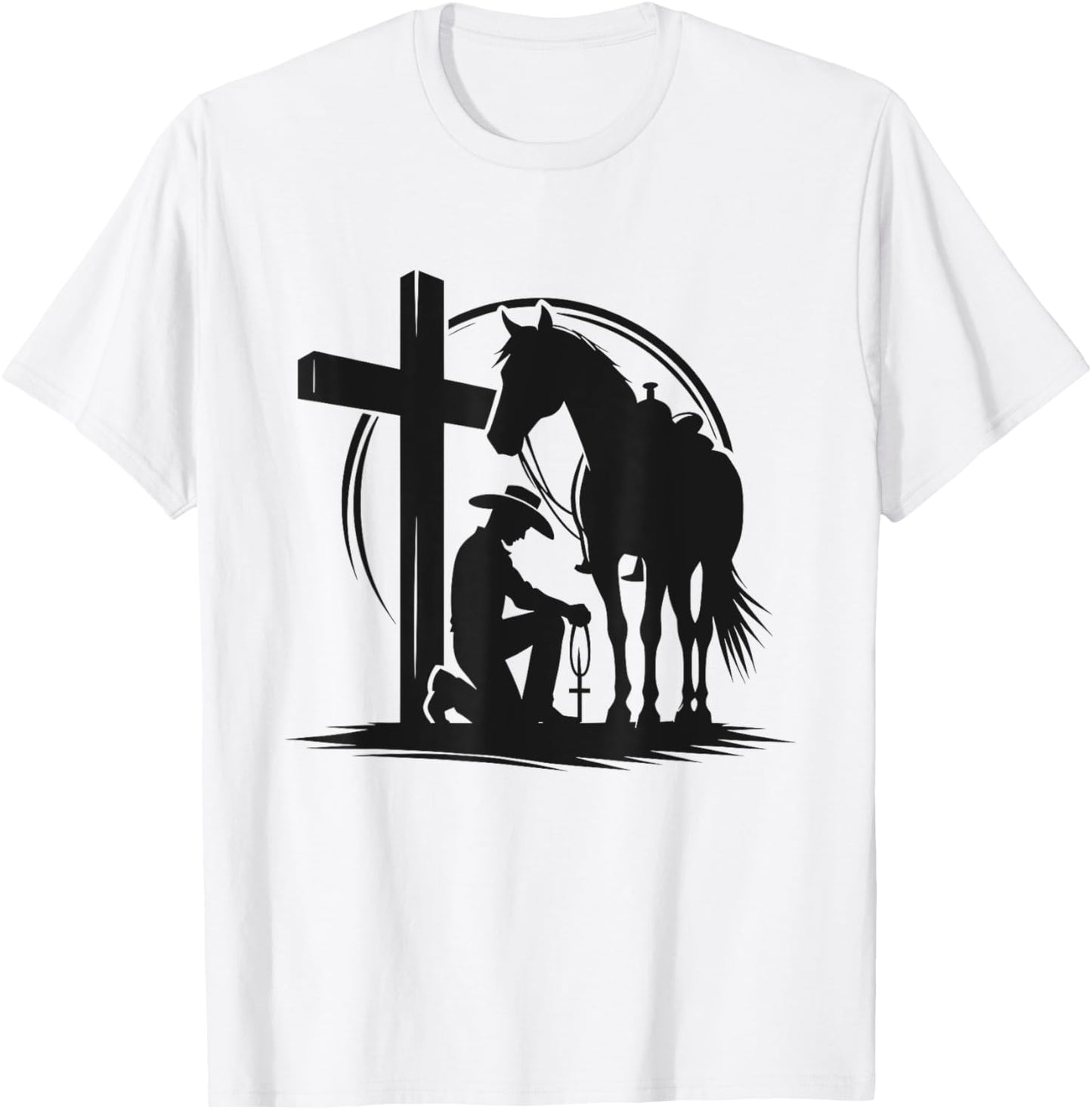 Praying Cowboy Kneeling Cross Western Bible Jesus Horse T-Shirt - T-Shirt | White