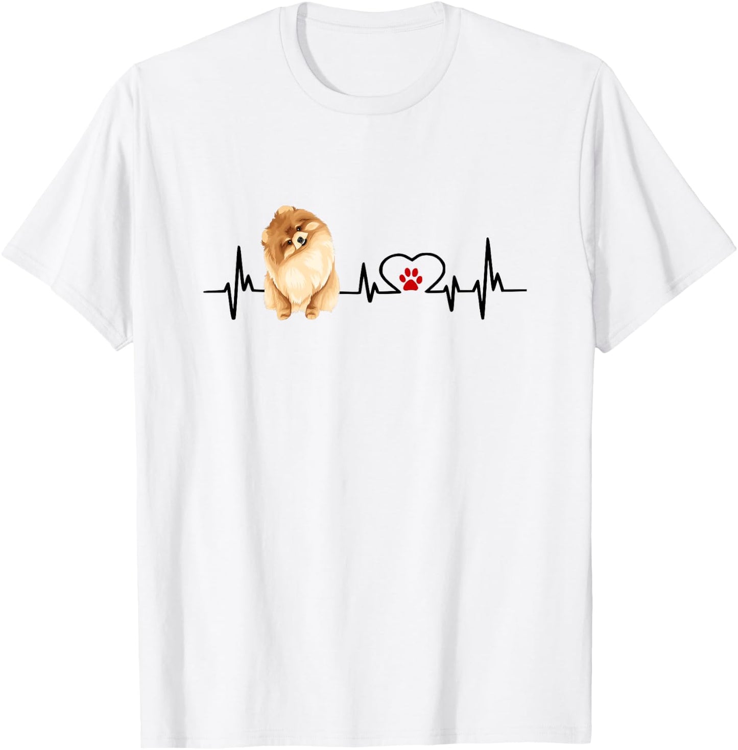 Pomeranian EKG Heartbeat Heart Line With Paw Print T-Shirt - T-Shirt | White