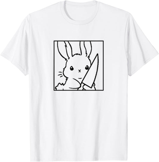 Coquette Cartoon Cute Kawaii Emote Angry Rabbit Bunny Knife T-Shirt - T-Shirt | White