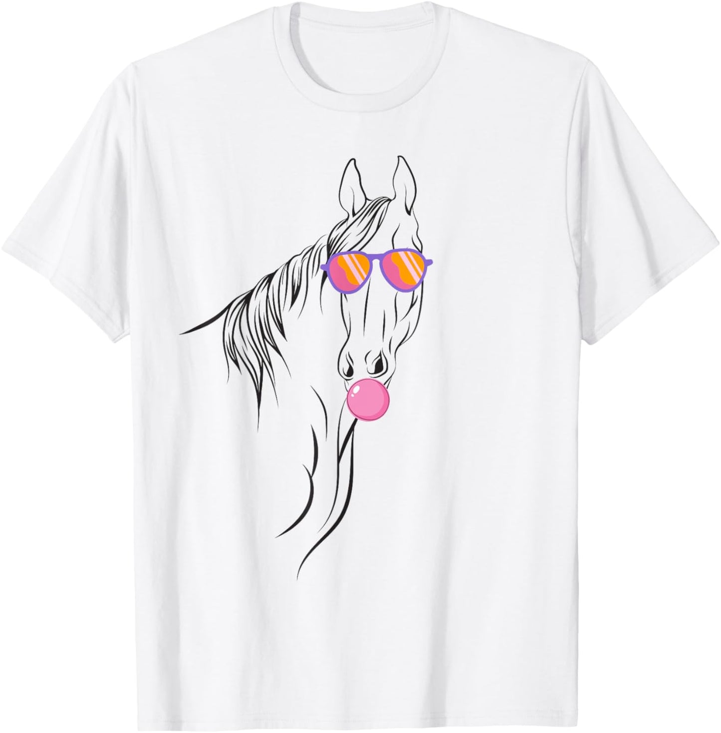 Horse with Bubble Gum and Sunglasses Funny Animal Portrait T-Shirt - T-Shirt | White