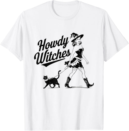 Howdy Witches Witch Hat Cat Halloween T-Shirt - T-Shirt | White