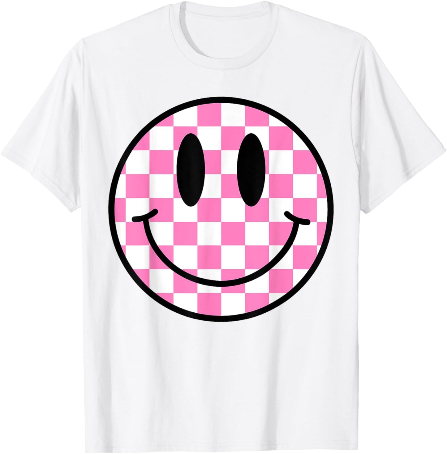 White Shirt Hot Pink Happy Face Smile Face Trendy Smiling T-Shirt - T-Shirt | White