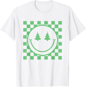 Retro Christmas Smile Face Shirt Checkered Pattern Winter T-Shirt - T-Shirt | White