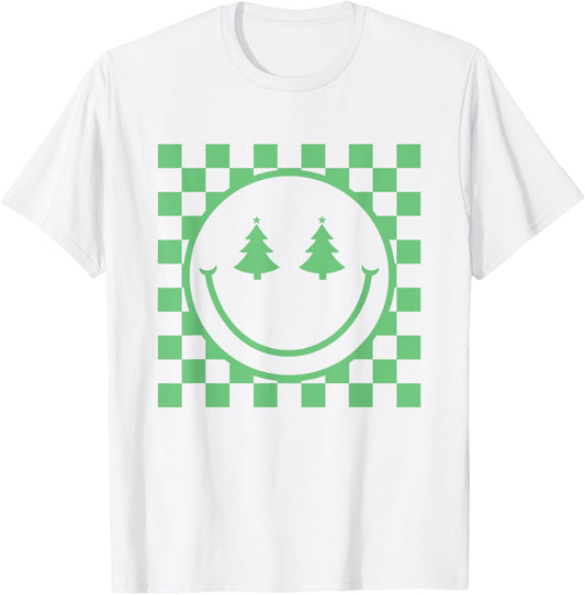 Retro Christmas Smile Face Shirt Checkered Pattern Winter T-Shirt - T-Shirt | White