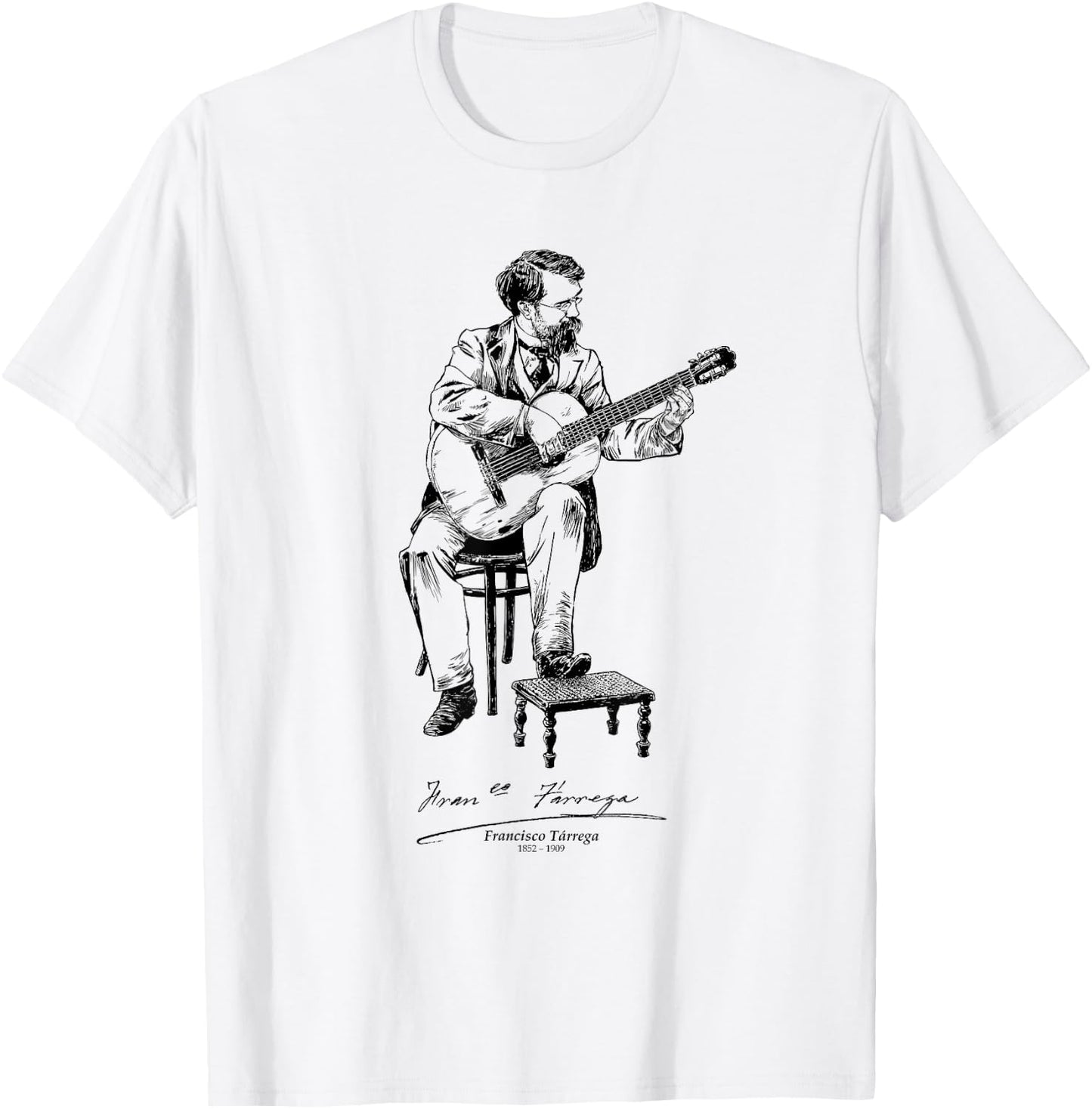 Tfantasy Francisco Trrega Spanish Classical Guitar Music , -Adults, Grey, Small, Short Sleeve, Cotton Blend, Classic Fit, T Back, Round Neck, Casual T-Shirt - T-Shirt | White