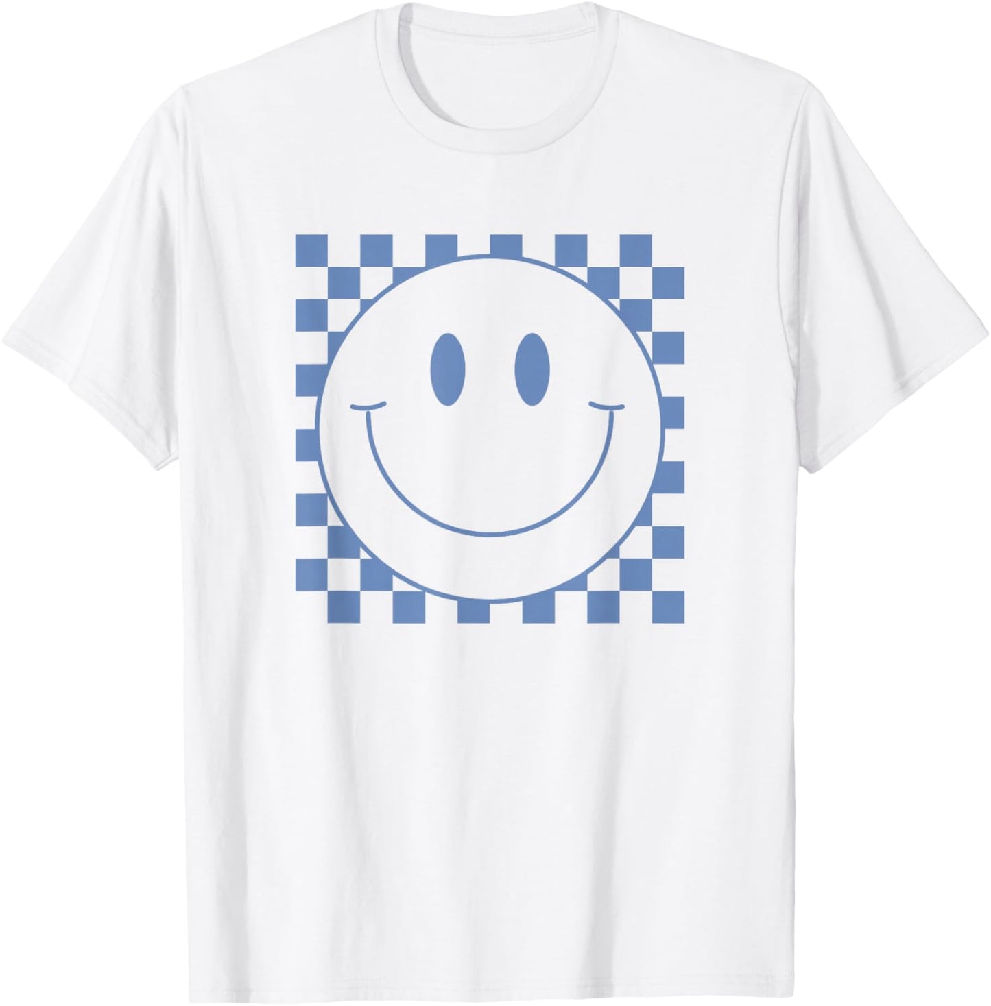 Cute Blue Checkered Smile Face Peace Smiling Happy Face Boy T-Shirt - T-Shirt | White