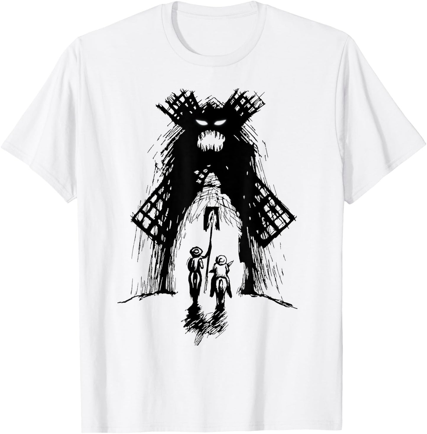 Don Quixote and Sancho vs Monster Windmill T-Shirt - T-Shirt | White