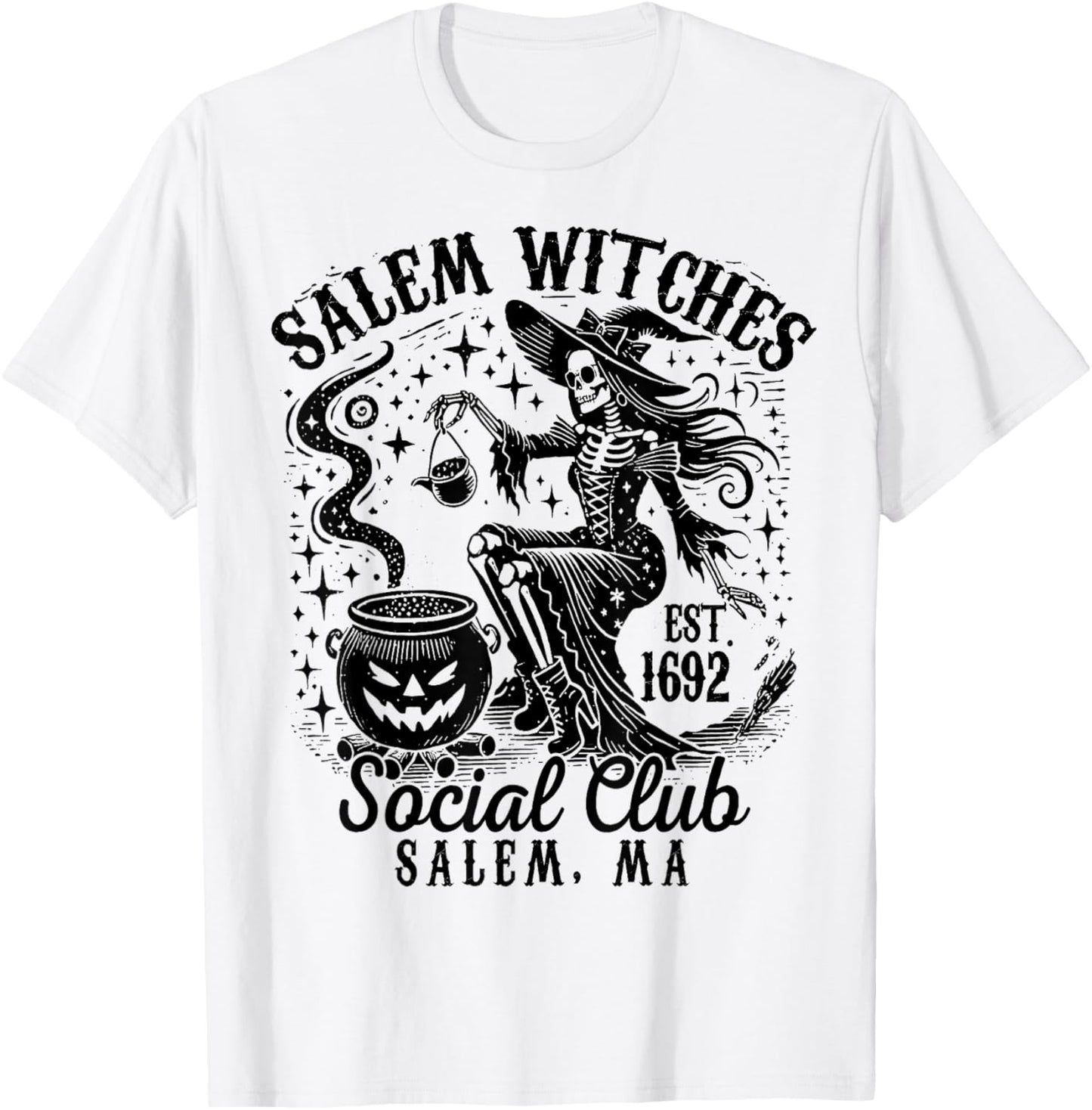 Salem Witches Social Club, Spooky Witch Skeleton Halloween T-Shirt - T-Shirt | White