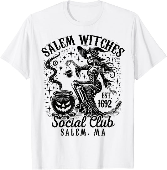 Salem Witches Social Club, Spooky Witch Skeleton Halloween T-Shirt - T-Shirt | White