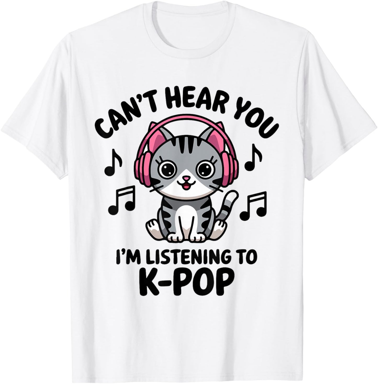 Cute Cat Listening to K-Pop Music Headphones Lovers T-Shirt - T-Shirt | White