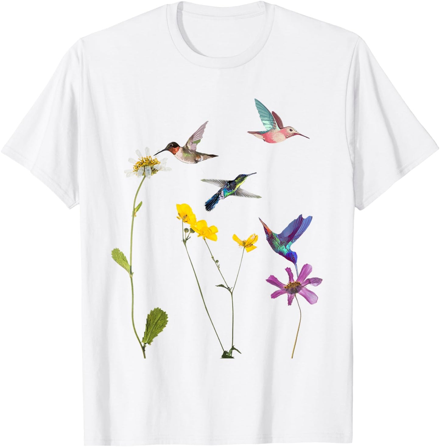 Hummingbird and Flowers T-Shirt - T-Shirt | White