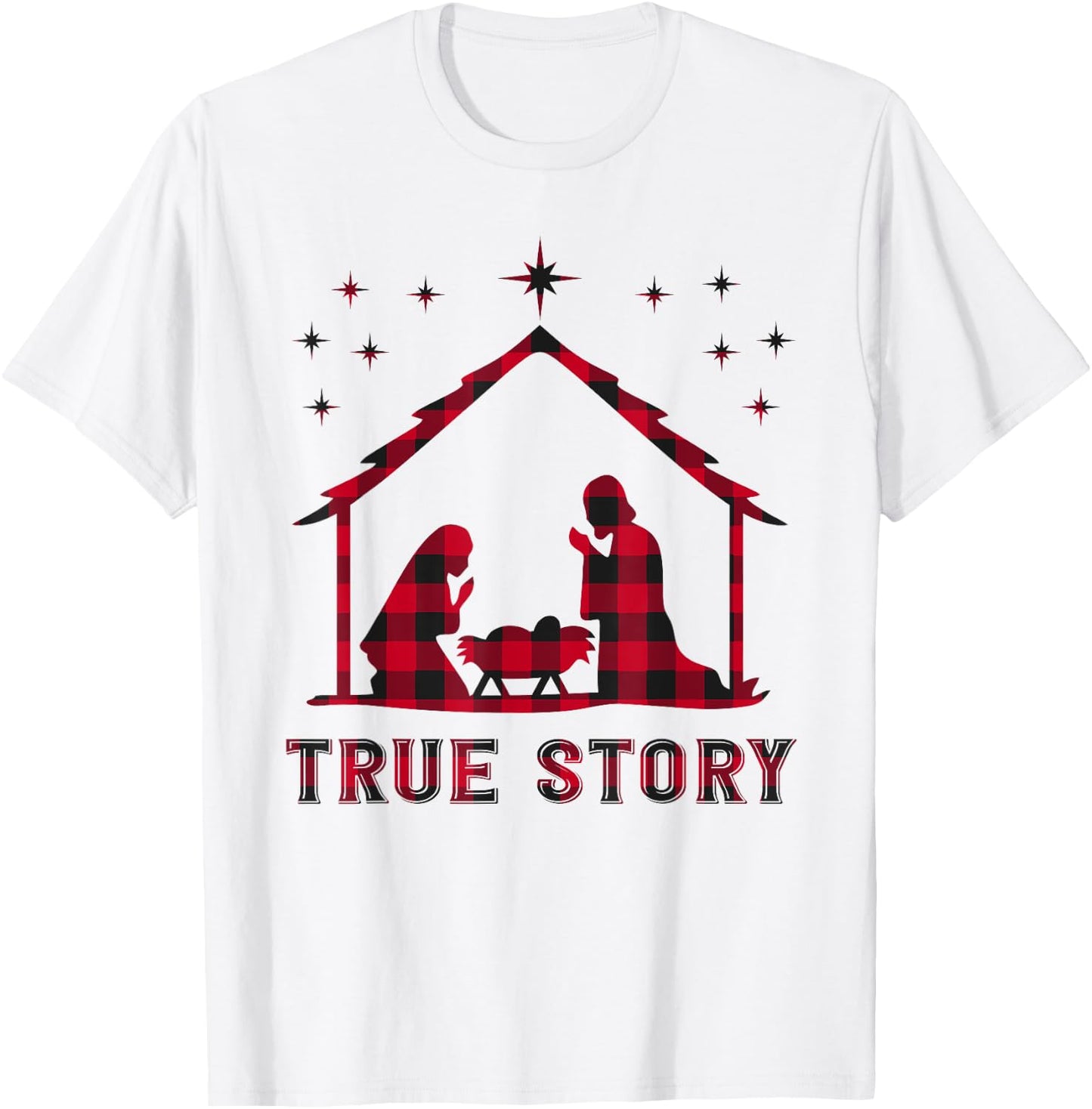 Red Plaid True Story of Jesus Birth Nativity Christmas Gift T-Shirt - T-Shirt | White