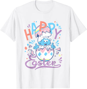 The Smurfs Happy Easter Cute Smurf Egg Pastel Colours Logo T-Shirt - T-Shirt | White