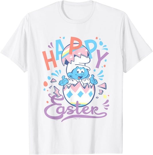 The Smurfs Happy Easter Cute Smurf Egg Pastel Colours Logo T-Shirt - T-Shirt | White
