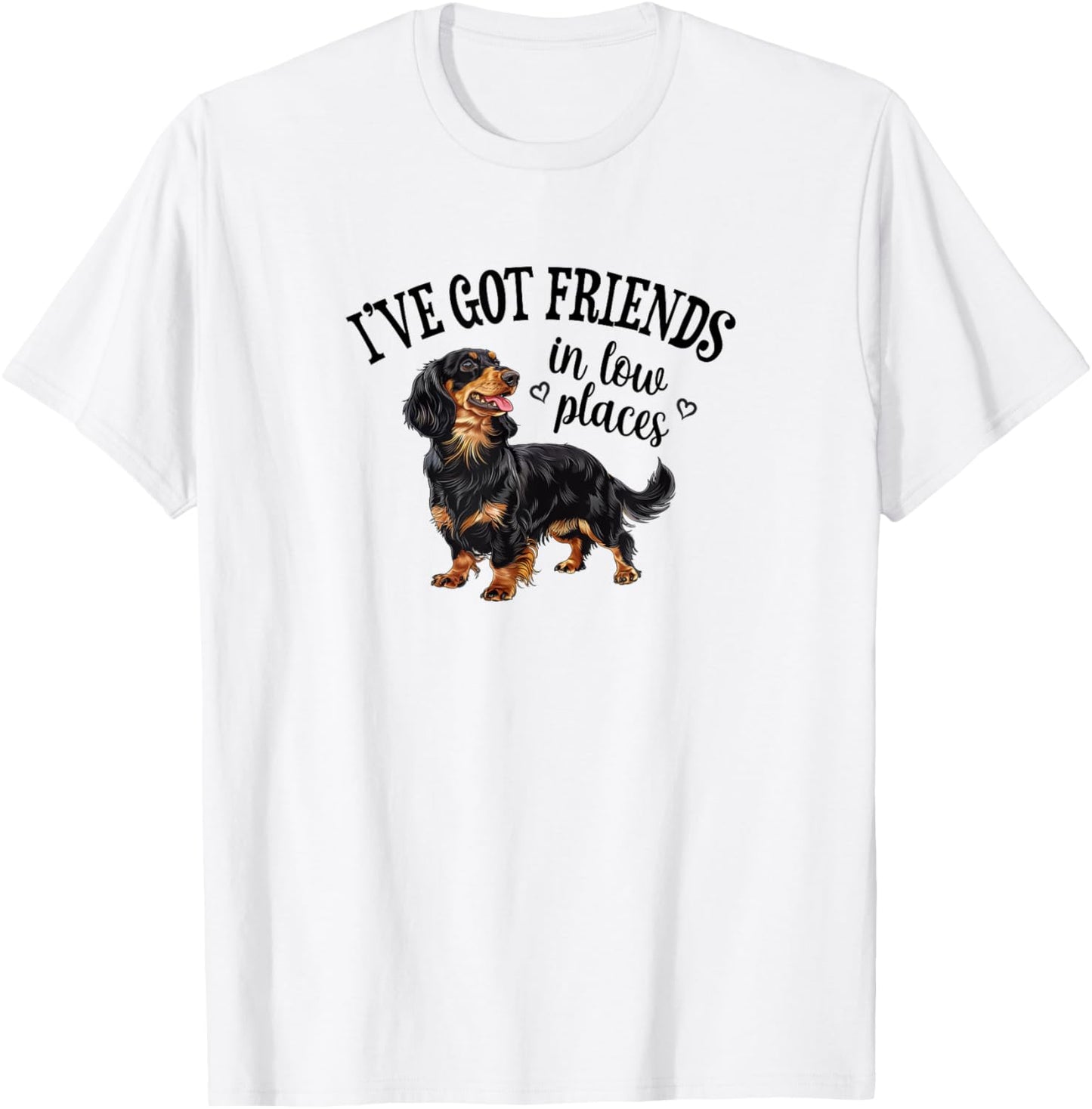 Funny Friends Low Places Black Long Haired Dachshund Lover T-Shirt - T-Shirt | White