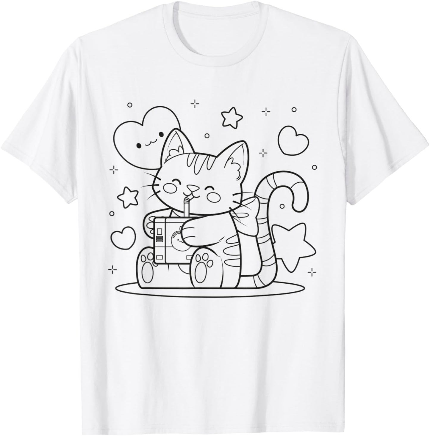 Cat drinking iced tea to paint and color T-Shirt - T-Shirt | White